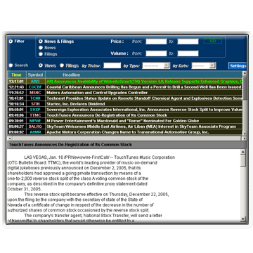 News/Filings Streamer Screen Shot